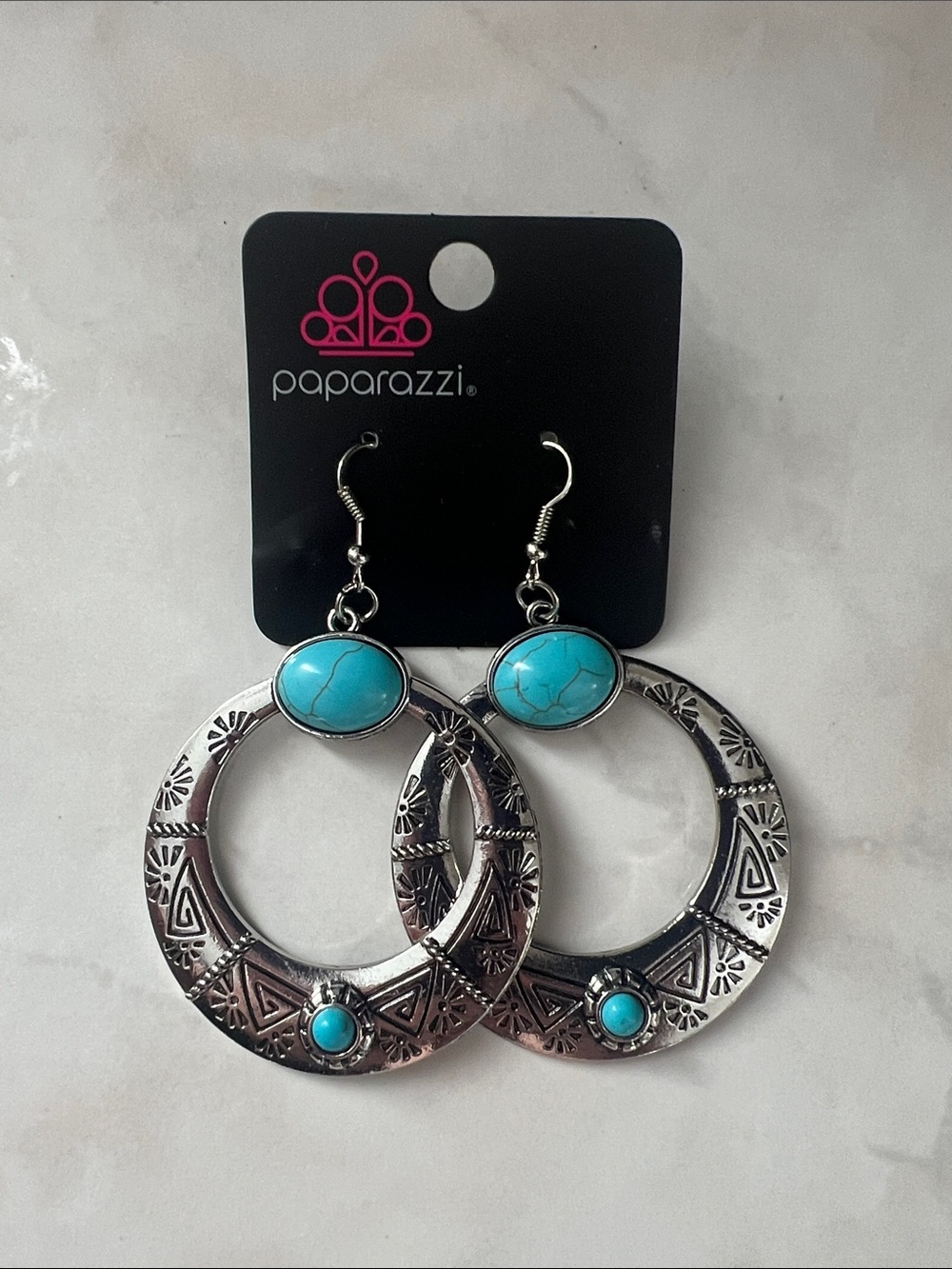 Paparazzi Silver and Turquoise Aztec Hoop Earrings